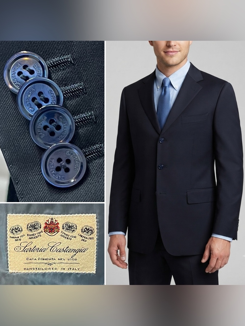 Sartoria Castangia Men's 42L Navy Blue Wool 3-Button Blazer Jacket